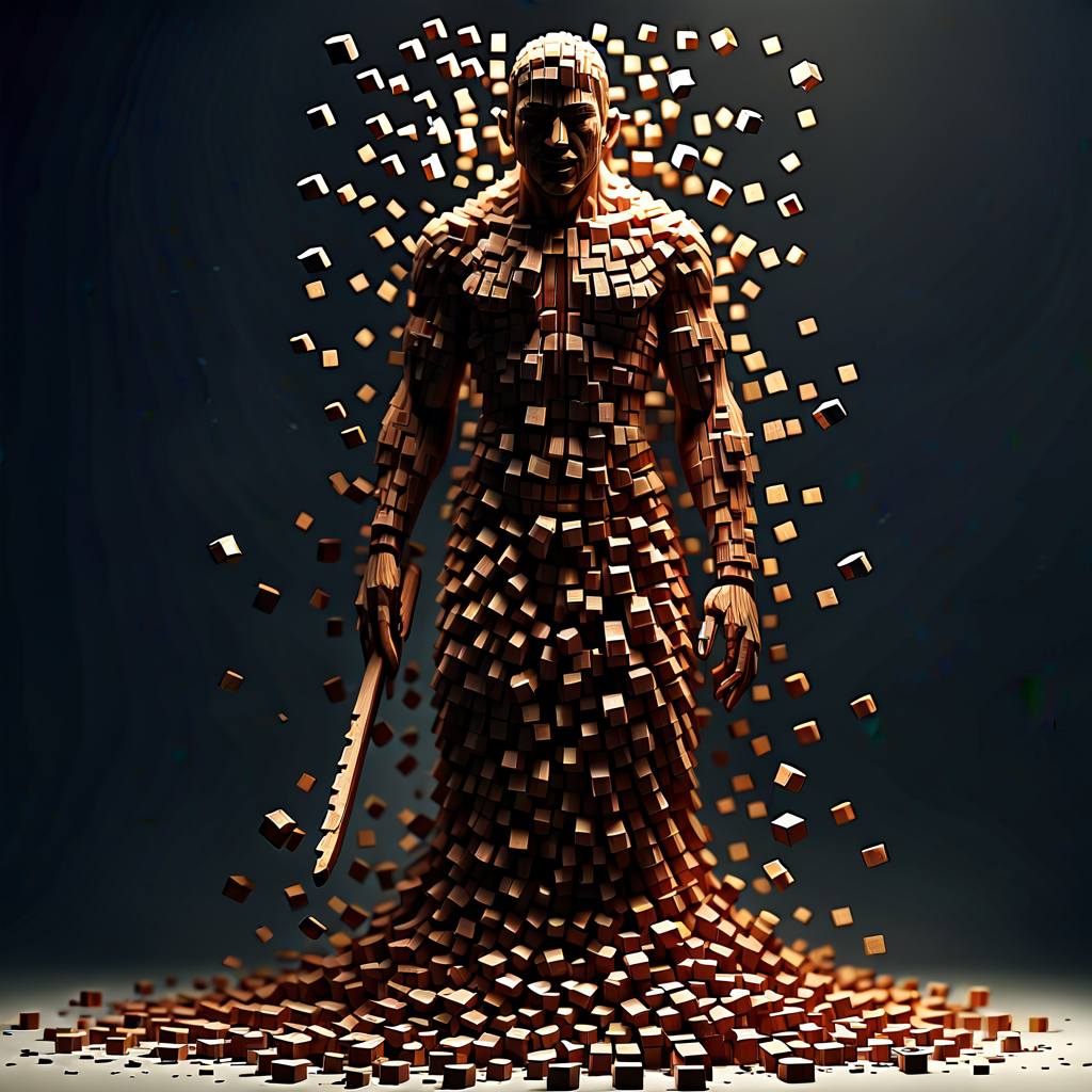 pixel-art cinematic film still professional 3d model “An abstract interplay of form and fragmentation, this wooden figure emerges as a juxtaposition of solidity and dispersal. The warrior, rooted in tradition, dissolves into a cascade of wooden cubes—each block a fragment of identity, suspended in a delicate dance between cohesion and chaos. The geometric voxels disrupt the flow, defying the natural contours of the human form, suggesting a narrative of deconstruction, of being and unbeing. The sculpture captures the paradox of presence, where the tangible meets the intangible, and the whole becomes a mosaic of scattered parts, an echo of self dissolving into the void.” . octane render, highly detailed, volumetric, dramatic lighting . shallow depth of field, vignette, highly detailed, high budget, bokeh, cinemascope, moody, epic, gorgeous, film grain, grainy . low-res, blocky, pixel art style, 8-bit graphics