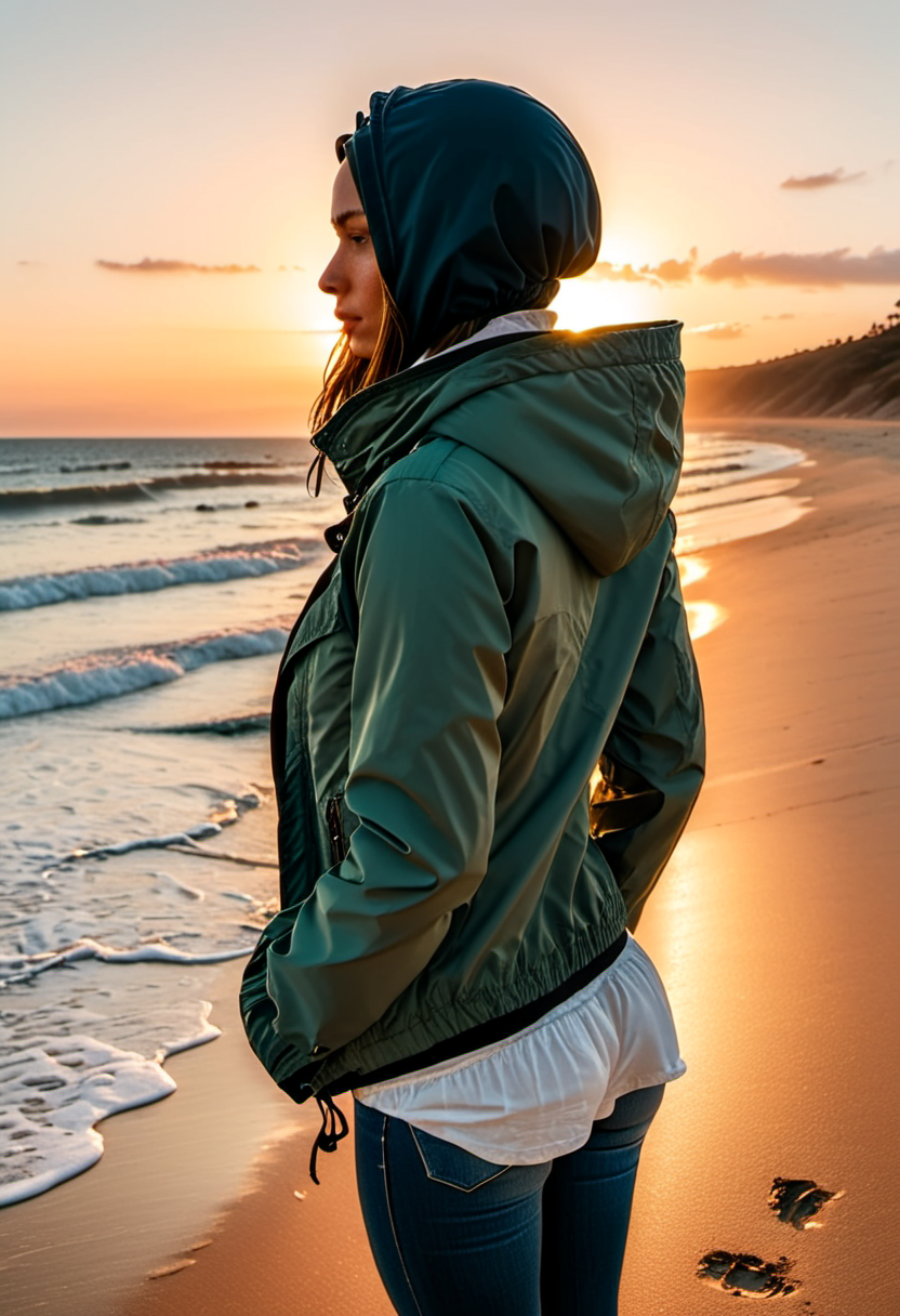 <lora:Evie_Frye_xl-000009:1> a woman standing on a beach near the ocean at sunset with a jacket on and a jacket on her head and a jacket on her shoulders