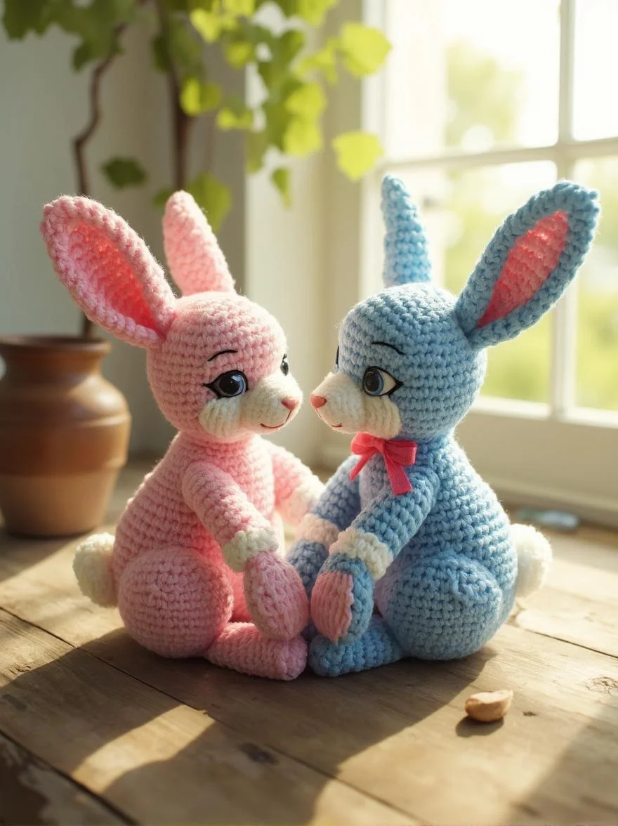 <lora:ck-LttleGhost-000011.safetensors:1> in the style of ck-lttlegh0stTwo hand-crocheted baby bunnies in pink and blue wool sit on a worn wooden surface, bathed in soft natural light. One bunny wears a pink bow. The background features a sunlit window and a ceramic vase. The overall atmosphere is peaceful and serene. No harsh shadows or reflections are present.