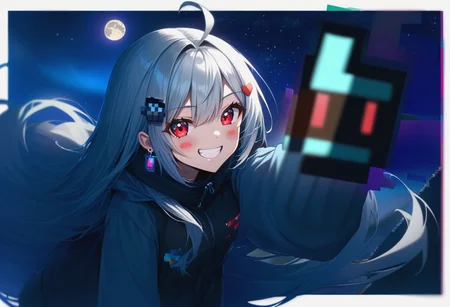 1girl,ahoge,blush_stickers,(glitch:1.4),grin,looking_at_viewer,middle_finger,moon,mooninites,on_moon,(pixelated:1.5),smile,space,<lora:anime enhancer V3 xl:0.5>,detailed skin texture,texture,detailed,<lora:hisumi xl:1>,hisumi,very long hair,hair ornament,red eyes,white hair,earrings,jewelry,
