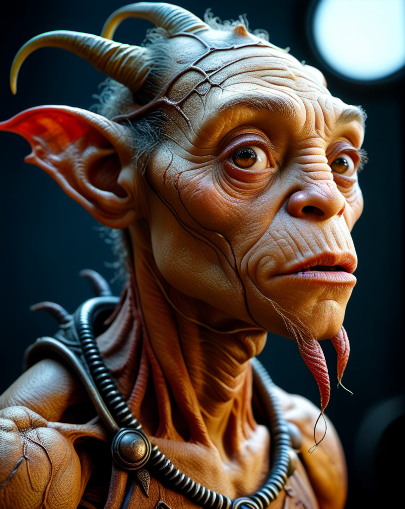 Hyperrealistic art cinematic film still photography in the style of detailed hyperrealism photoshoot, creature, fantasy, James Christensen, bold lines, hyper detailed, shallow depth of field, vignette, highly detailed, high budget, bokeh, cinemascope, moody, epic, gorgeous, film grain, grainy, extremely high-resolution details, photographic, realism pushed to extreme, fine texture, incredibly lifelike,