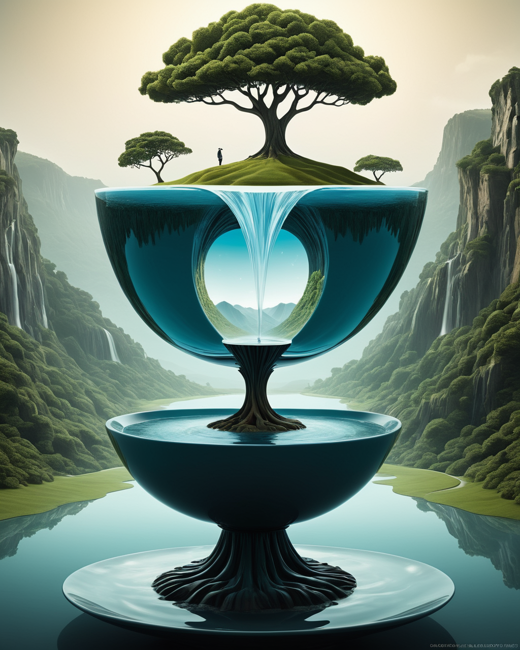 Surrealist art <lora:CivitAI__Style_Fusion_-_FFusionAI_Entry_64DIM:0.75> FFusionAI Style, CivitAI,a bowl with a tree in it and a waterfall, surreal 3 d render, surreal concept art, symmetrical fantasy landscape, water art manipulation, surreal illustration, surreal water art, surreal design, surreal digital art, rendered art, mindbending digital art, surrealistic digital artwork, surreal  highly detailed, a beautiful artwork illustration, digital art render . Dreamlike, mysterious, provocative, symbolic, intricate, detailed