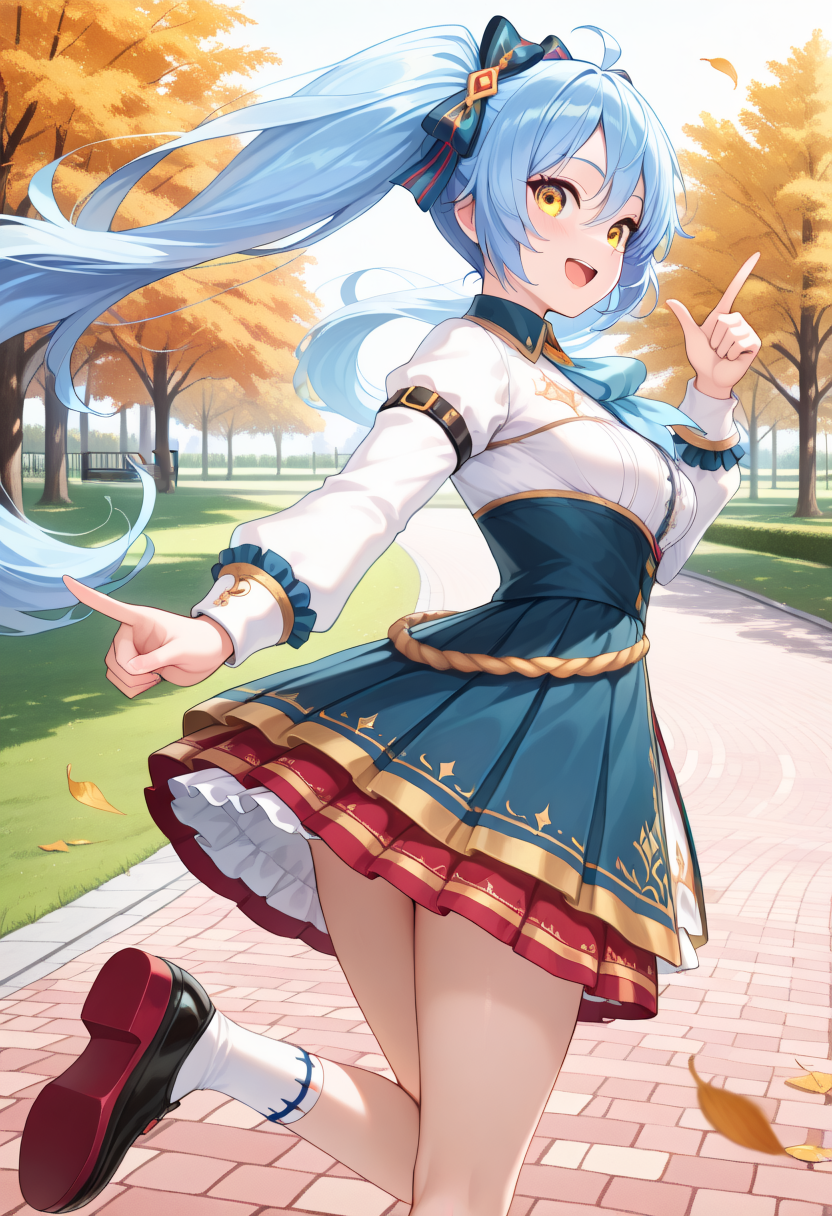 masterpiece, best quality,
KRSoniaSC, 1girl, solo, yellow eyes, blue hair, twintails, hair bow, black footwear, long hair, long sleeves,dress,white socks, arm belt, white shirt, layered skirt, blue ascot, high-waist skirt, frilled skirt, rope belt, white cuff,red shoe soles,smile,looking at viewer, (girl turning around:1.3), (in park:1.2), (dynamic pose:1.2), (open mouth:1.1), (pointing gesture:1.0), (short skirt fluttering:1.0), (sunny day:1.0), (trees and grass:1.0), (wind-blown hair:1.1), (shoes mid-step:1.0), (scattered leaves:0.9), (bright lighting:1.0), (playful expression:1.1), (youthful energy:1.1)