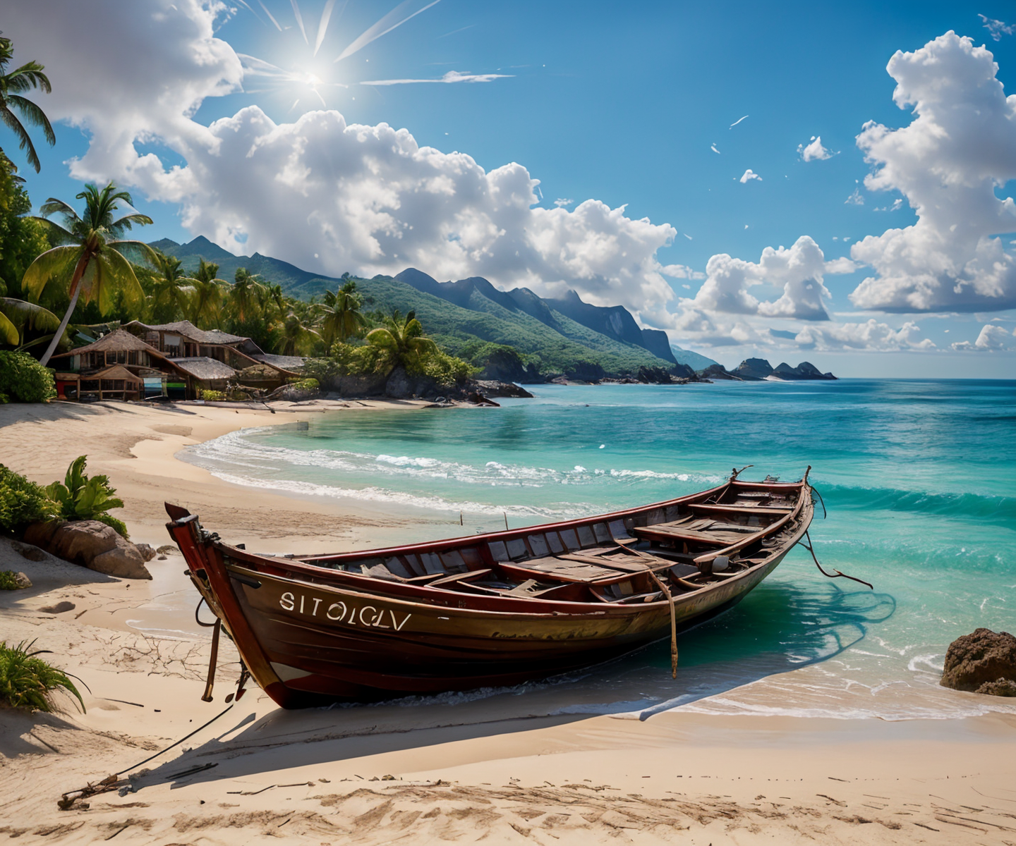 RAW photo, (masterpiece:1.3), subsurface scattering, heavy shadow, (high quality:1.4), (intricate, high detail:1.2), professional photography, HDR, High Dynamic Range, realistic, ultra realistic, photorealistic, high resolution, film photography, ambient lighting, atmospheric effects, <lora:detail_slider_v4:2>, OverallDetail, <lora:Beach:0.9>, beach, blue sky, cloud, island, boat, nature, ocean, outdoors, scenery, sky, sun,