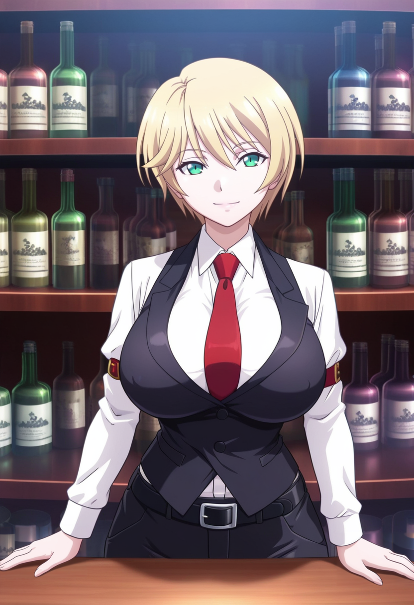 masterpiece, best quality, amazing quality,aria kimura, green eyes, blonde hair, short hair, mature female, 1girl, solo,breasts,large breasts,closed mouth, light smile, black vest, white shirt,red tie, long sleeves, black belt, black pants, cowboy shot, standing, looking at viewer, indoors, bar \(place\), bartender, night, blurry background <lora:aria kimuraV1:0.9>