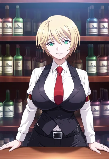 masterpiece, best quality, amazing quality,aria kimura, green eyes, blonde hair, short hair, mature female, 1girl, solo,breasts,large breasts,closed mouth, light smile, black vest, white shirt,red tie, long sleeves, black belt, black pants, cowboy shot, standing, looking at viewer, indoors, bar \(place\), bartender, night, blurry background <lora:aria kimuraV1:0.9>