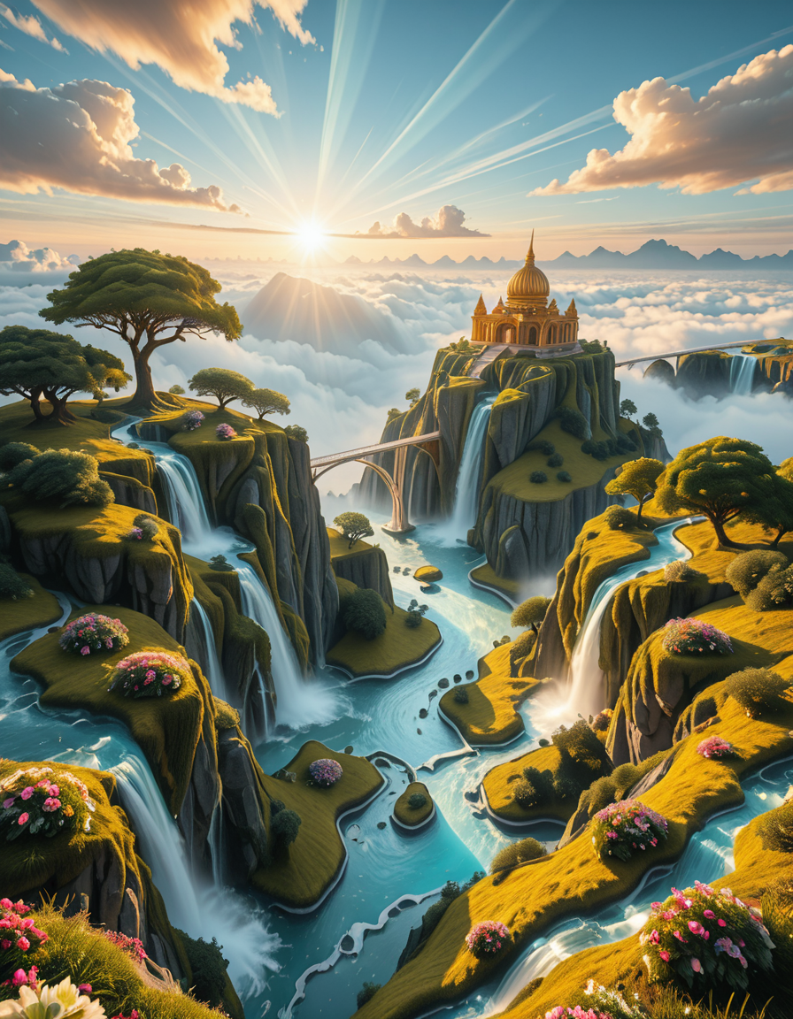 A mesmerizing celestial background featuring an otherworldly paradise. Towering crystalline mountains with peaks that glow softly under a sky painted in shifting hues of iridescent blues, pinks, and golds. Rivers of liquid light flow through vast, open meadows filled with luminescent flowers that pulse with a gentle glow. Gigantic, translucent trees with silver leaves sway in a breeze that carries floating particles of golden dust. Suspended bridges made of shimmering energy connect ancient, floating monoliths engraved with intricate celestial patterns. In the distance, an enormous radiant waterfall cascades into a bottomless, mist-covered abyss, reflecting the surrounding ethereal glow. A tranquil atmosphere, untouched and divine, filled with an overwhelming sense of wonder and serenity.
<lora:SDXLFaeTastic2400:0.4> <lora:extremely_detailed:0.4> extremely detailed,heavenly l4ndsc4p3, <lora:heavenly_l4ndsc4p3-i:1>, Masterpiece,best quality,hi res,8k,hi res,8k,award winning,(sharp focus, intricate, highly detailed),
