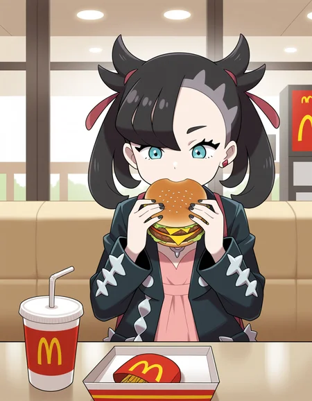 <lora:Hyper8:0.5> 1girl, solo,
marnie \(pokemon\), pokemon, black hair, blue eyes, black jacket, pink dress, 
holding hamburger, eating burger, mcdonald's, indoors, masterpiece, best quality, amazing quality, very aesthetic, absurdres