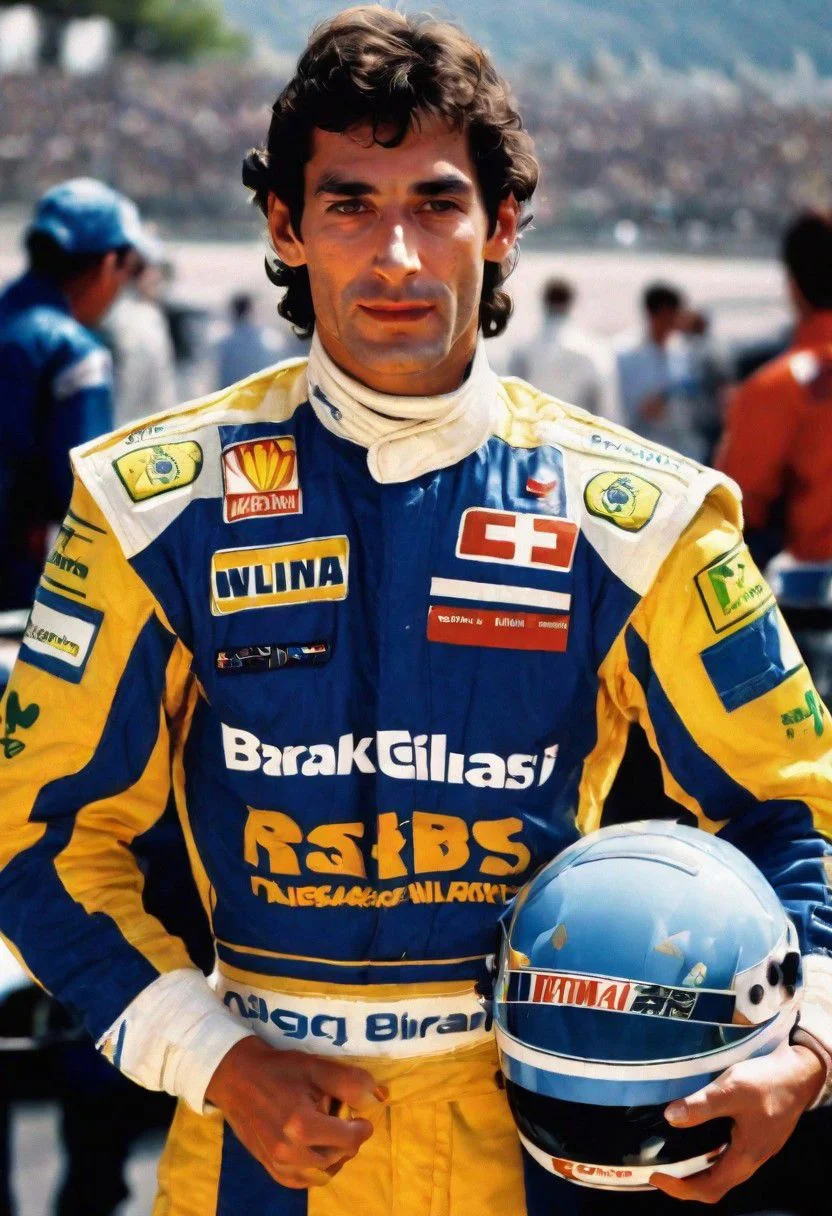 create a realistic, high quality portrait image of 1980s, Ayrton Senna, head and shoulders, Grand Prix,racing driver, racetrack,outdoors,sky blue,day, facing viewer, cloud, blue sky,_p_style, car Williams RacingTeam formula 1, wearing blue Williams Team Racing fire suit, barriers, <lora:VintagePPXL:1>, (masterpiece, best quality, ultra-detailed, best shadow), high contrast, (best illumination), ((cinematic light)), colourful, hyper detail, dramatic light, intricate details, ultra detailed artistic photography, lit from front ultra high definition, 8k, ultra sharp focus, ultra high quality, soft lighting, film photography, analogue photography, hyperrealism, no racing cars, spell Williams, include Ford logo, Brazil logo,Team Brazil racing leathers, realistic Yellow helmet Team Brazil Helmet,clearly spelt graphics, clearly spelt text non suit and helmet, team Brazil logo on helmet