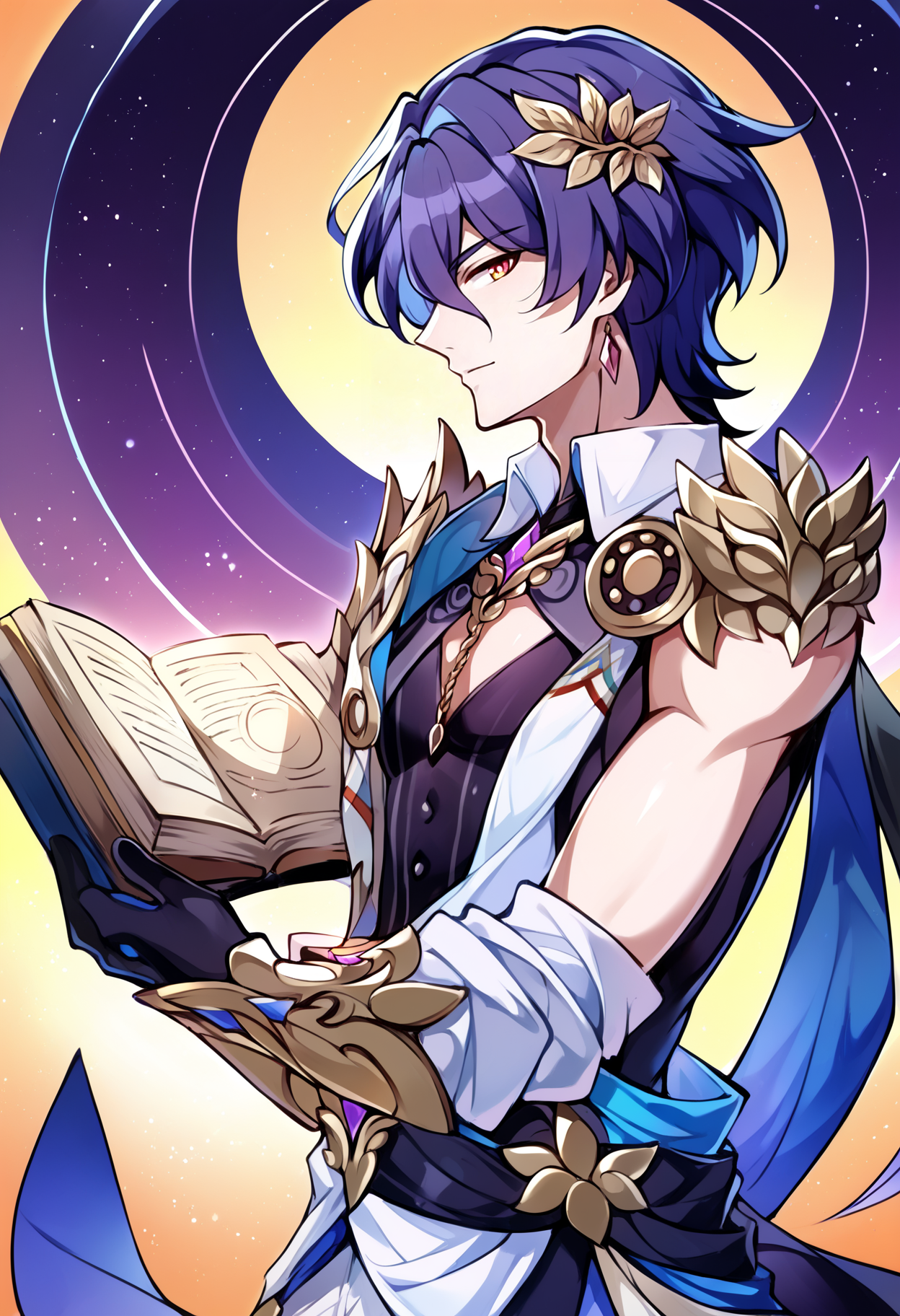 ethereal fantasy concept art of  breathtaking score_9, score_8_up, score_7_up, score_6_up, score_5_up, score_4_up, <lora:intricate_details:0.5> intricate_details_xl, cowboy shot, profile picture,
BREAK
<lora:Honkai_Impact_Dr_Ratio_v1:1> 1boy, solo, Dr. Veritas Ratio, Dr. Ratio, honkai: star rail, yellow pupils, solo, 1boy, male focus, gloves, short hair, pectoral cleavage, blue hair, pectorals, hair between eyes, looking at viewer, shirt, pink eyes, yellow background, gradient background, abstract background,  (skinny:0.2), reading, book . award-winning, professional, highly detailed . magnificent, celestial, ethereal, painterly, epic, majestic, magical, fantasy art, cover art, dreamy