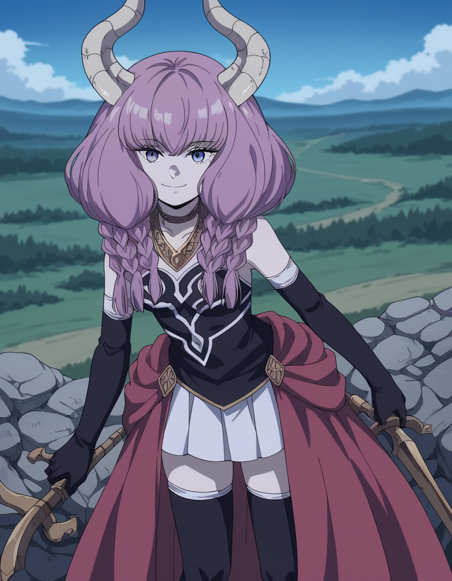 score_9, score_8_up, score_7_up, source_anime,
auratheguillotine, <lora:aura-the-guillotine-s1-ponyxl-lora-nochekaiser:1>,
aura the guillotine, long hair, purple eyes, purple hair, braid, horns, twin braids,
skirt, thighhighs, gloves, choker, black gloves, elbow gloves,
outdoors, landscape, bent over, smile,
cowboy shot, solo, dutch angle, looking at viewer,