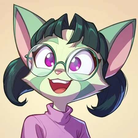 score_9, score_8_up, score_7_up, Dreamkeepers,lilith_calah, ,1girl,solo,smile,open mouth,simple background,black hair,animal ears,purple eyes,glasses,cat ears,happy,white fur,animal nose,green hair, ,
<lora:dreamkeepers_multipleCharacters:0.8>,