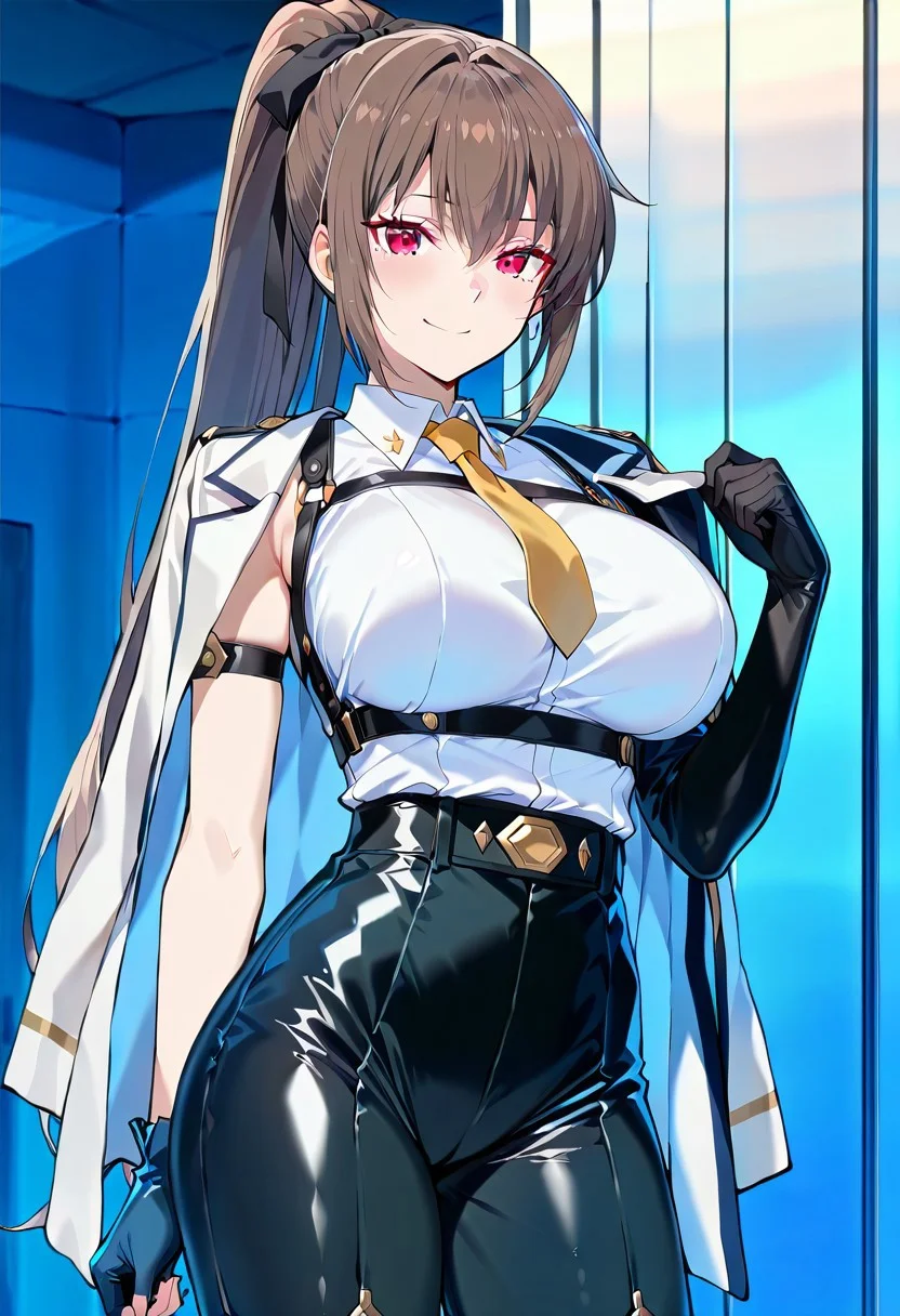 (absurdres, best quality, masterpiece:1.4), amazing quality, highres, newest, detailed, detailed body, detailed face, source anime, anime coloring, beautiful,
BREAK
urakanna, 1girl, solo, brown hair, ponytail, long hair, red eyes, large breasts, standing, smile, Cosplay,
BREAK
Evelyn Chevalier \(cosplay\), high-waist pants, chest harness, tight clothes, single elbow gloves, yellow necktie, jacket on shoulder