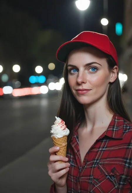 A 30yo woman eating a cone icecream.  blue eyes. perfecteyes
Wearing Jeans and Plaid red shirt with a hat/cap red. 
Long dark black slick back hair. No makeup.
Night time, Street light. 
Looking at camera POV.  Slight smile.
Medium Close Up shot.
Bokeh. Bokeh light.  
Blurred background.