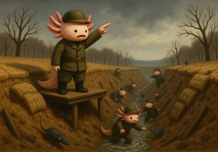 A dramatic oil painting with warm-toned brushwork of axolotls with simplified rounded features plush faces with dot eyes and soft pink feathery gills. In the heart of a WWI trench, an axolotl officer stands on a wooden duckboard, shouting orders to its comrades below. The perspective is from slightly above and to the side, giving a clear view of the officerâs posture and the soldiers it commands. The officerâs arm is raised, pointing towards the front line, its expression stern and determined, with frills standing tall and eyes wide with urgency. Below, other axolotls scramble to prepare for the impending attack, their movements hurried and chaotic, reflected in their frantic poses. The trench is a mess of sandbags, dirt, and wooden supports, with water pooling at the bottom and rats scurrying through the debris. The sky above is a grim, overcast gray, casting the entire scene in a cold, desolate light. The painting uses a high-contrast technique to highlight the tension and chaos of the moment, with sharp lines and stark shadows that draw attention to the officer's commanding presence amidst the turmoil.<lora:axolotl_oil_painting.safetensors:1.0:1.0>