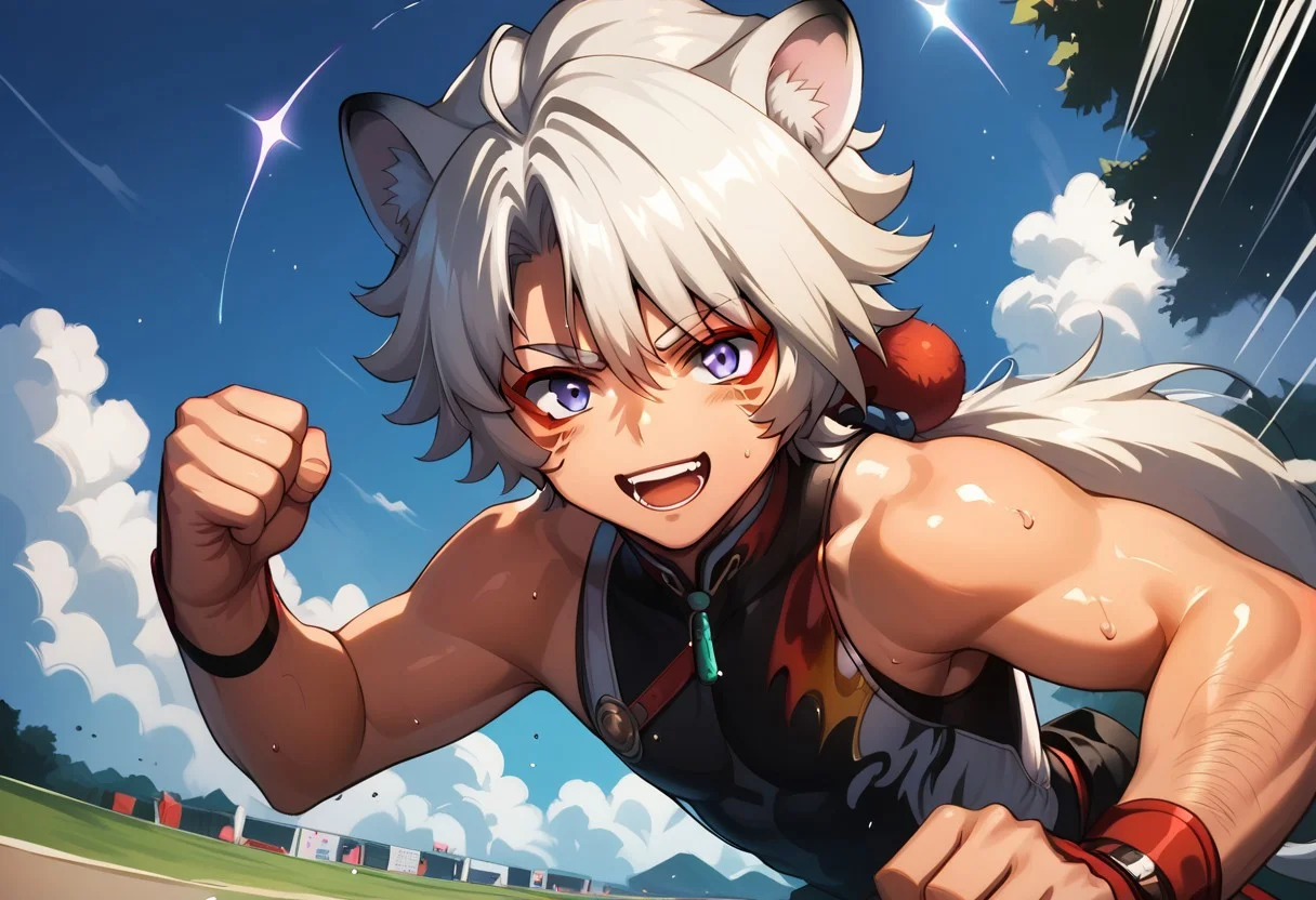 score_9, score_8_up, score_7_up, score_6_up, masterpiece, uncensored, best quality, amazing quality, best aesthetic, absurdres, intricate details, source_anime, yaoi, gay, full body BREAK 1boy(lingyang, white hair, low ponytail, purple eyes, red eyeliner, facial mark, animal ears), fighting stance, excited, smile, looking at viewer BREAK battle field, st3rl5ghtbr9m2nce, morning, outdoors