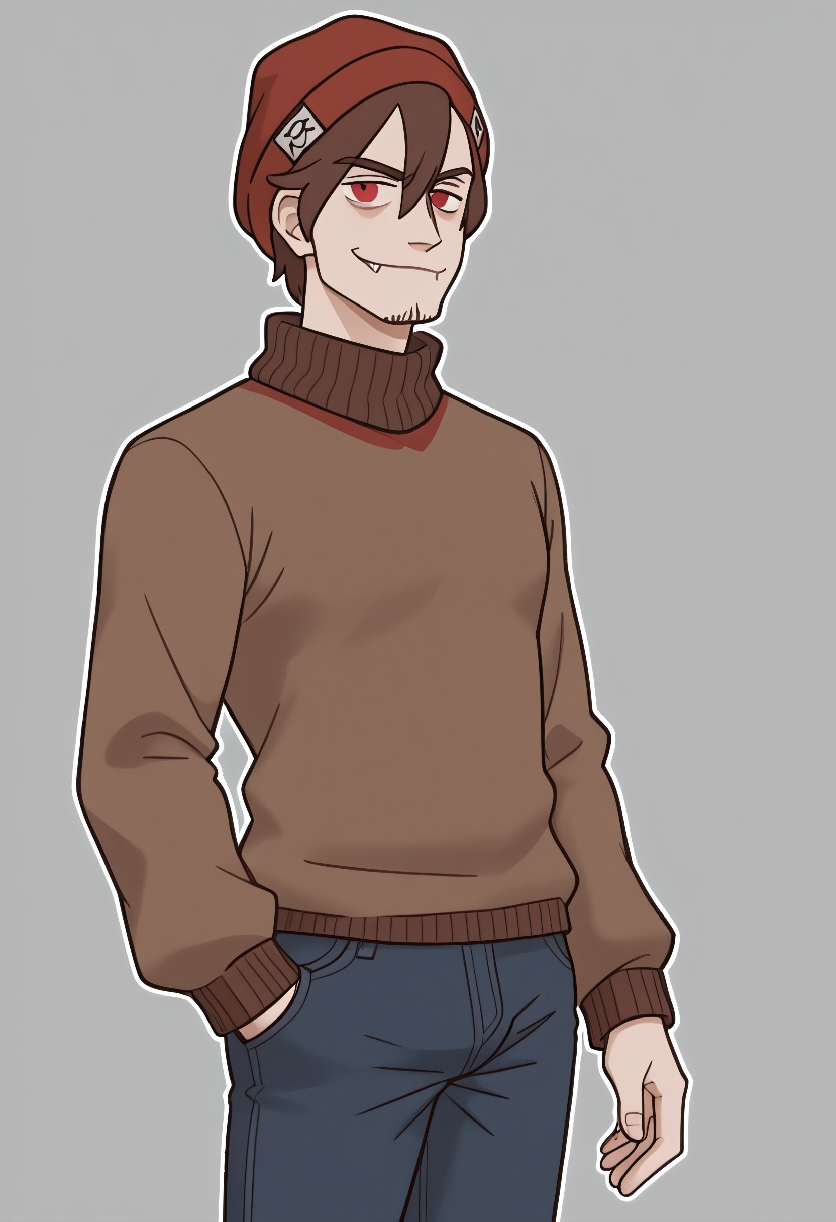 safe_pos, w0lfc0nf, Ira, All Saints Street\series\, vampire, brown hair, simple background, wearing clothes, black jeans, brown sweater, bulge, shirtless, crimson beanie, smirking, looking at viewer, 1boy, male focus, athletic body, sexy pose, broad shoulders, manly body, thick thighs, perfect anatomy, masterpiece, cool composition, perfect quality, best quality, white outline, detailed, newest, very aesthetic