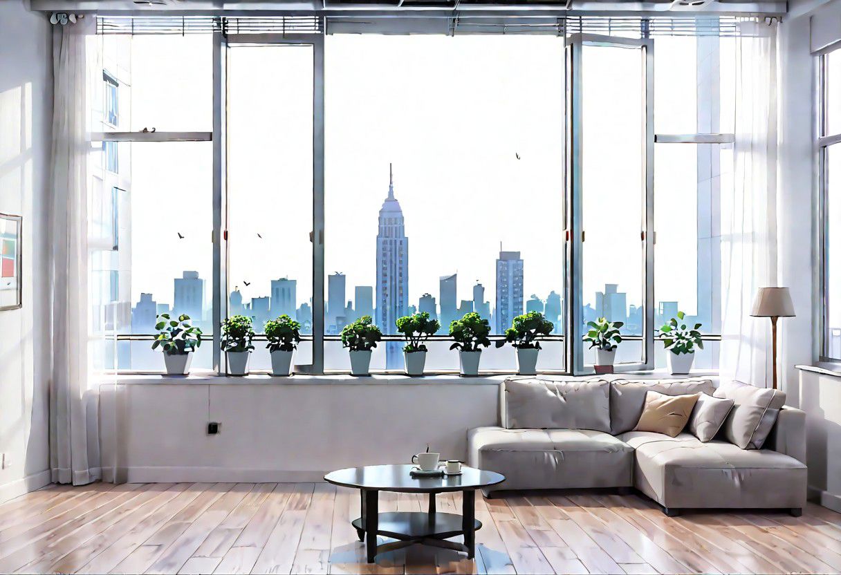 ((((front view)))), Shallow scene, ((animation style)), (((City high-rise building scenery))), ((((City scenery outside the window)))), (Facing the window), (open window), modern-style interior, Wooden floor, with white walls, (large windows), a living room, sofa and coffee table by the window sill, Sofa placed horizontally, noon, clear sky, low saturation