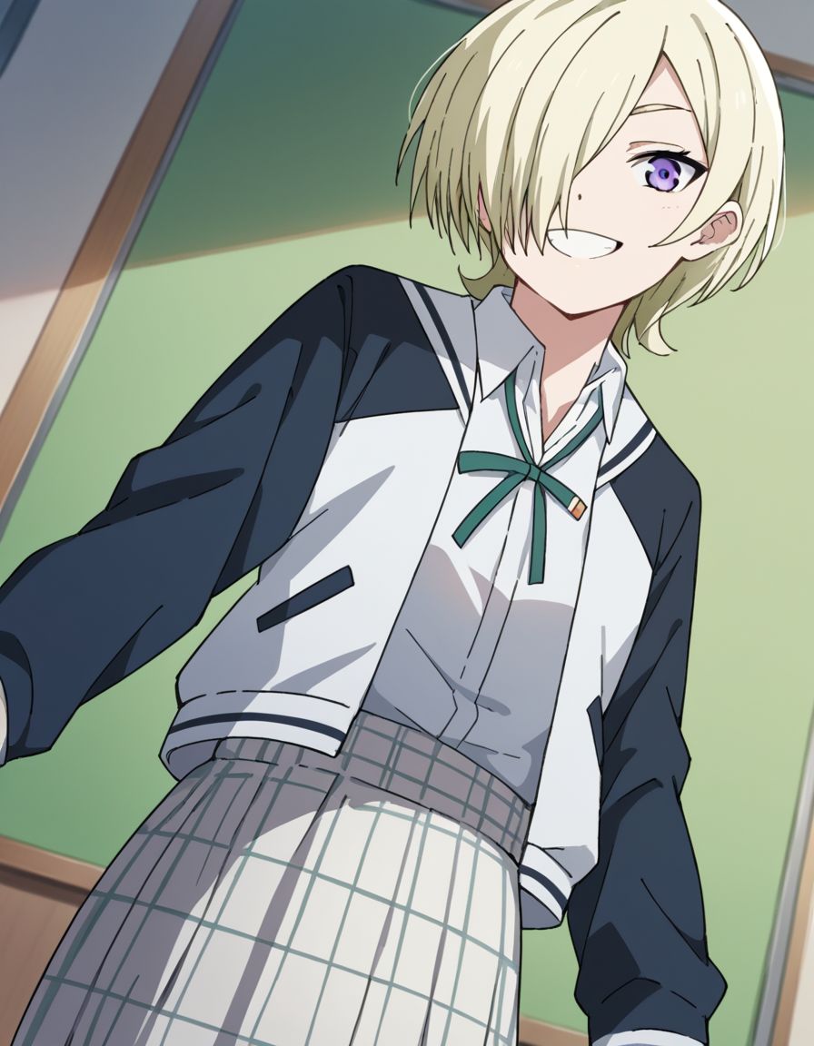 score_9, score_8_up, score_7_up, source_anime, <lora:mia-taylor-s2-ponyxl-lora-nochekaiser:1>, mia taylor, short hair, blonde hair, purple eyes, hair over one eye,, skirt, shirt, ribbon, school uniform, collared shirt, plaid, black shirt, neck ribbon, plaid skirt, white skirt, jacket, checkered skirt, nijigasaki academy school uniform,, indoors, smile, looking at viewer, solo,, cowboy shot, dutch angle