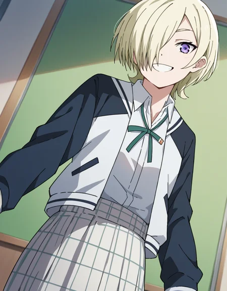 score_9, score_8_up, score_7_up, source_anime, <lora:mia-taylor-s2-ponyxl-lora-nochekaiser:1>, mia taylor, short hair, blonde hair, purple eyes, hair over one eye,, skirt, shirt, ribbon, school uniform, collared shirt, plaid, black shirt, neck ribbon, plaid skirt, white skirt, jacket, checkered skirt, nijigasaki academy school uniform,, indoors, smile, looking at viewer, solo,, cowboy shot, dutch angle