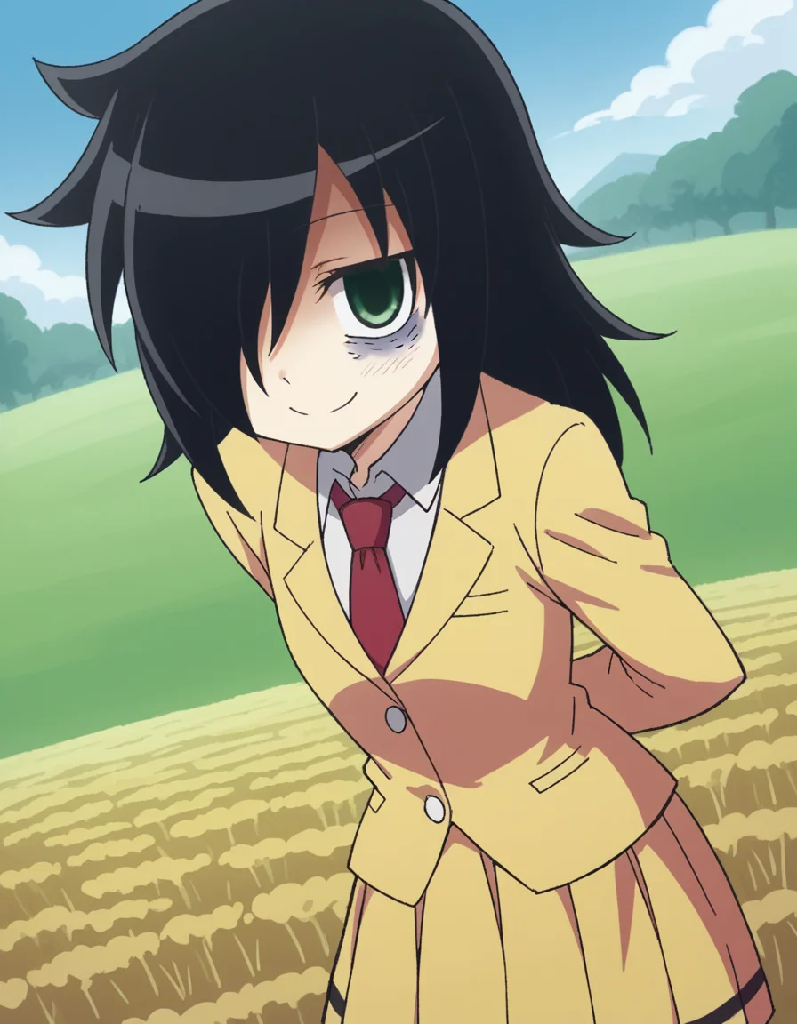 score_9, score_8_up, score_7_up, source_anime, <lora:tomoko-kuroki-s1-ponyxl-lora-nochekaiser:1>, tomoko kuroki, long hair, black hair, green eyes, hair over one eye, bags under eyes,, skirt, school uniform, necktie, blazer,, wheat field, golden, harvest, farming, open, smile, hands behind back, bent over,, looking at viewer, solo,, dutch angle, cowboy shot