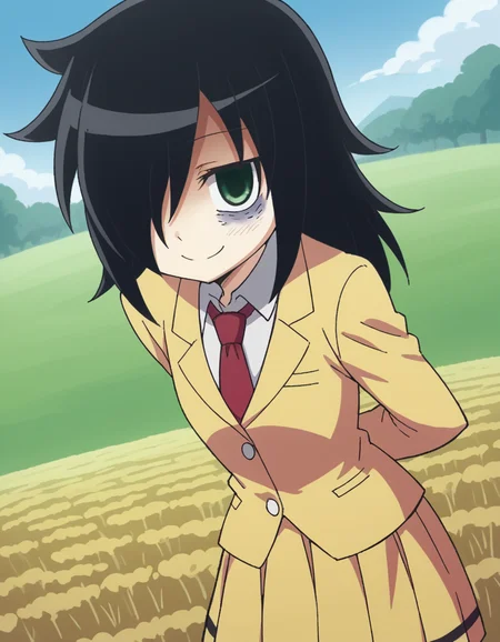 score_9, score_8_up, score_7_up, source_anime, <lora:tomoko-kuroki-s1-ponyxl-lora-nochekaiser:1>, tomoko kuroki, long hair, black hair, green eyes, hair over one eye, bags under eyes,, skirt, school uniform, necktie, blazer,, wheat field, golden, harvest, farming, open, smile, hands behind back, bent over,, looking at viewer, solo,, dutch angle, cowboy shot