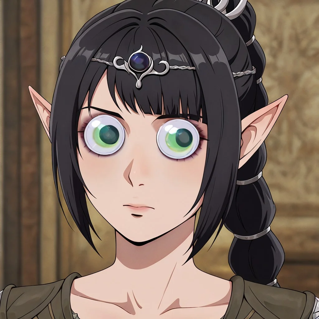 masterpiece, best quality, newest, absurdres, highres, anime, anime style, GUGIL-V1.0, googly eyes, 1girl, shadowheart \(baldur's gate\), long braid, elf, pointy ears, black hair, braid, side bangs, green eyes,