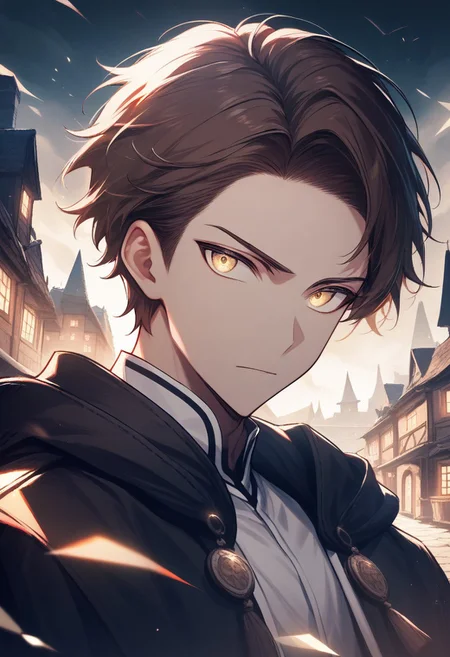 (best quality, masterpiece), 1 boy,18 years old, medieval village, dark mood, Arrogant,
brown hair, short hair, no bangs, white color student uniform, half body,
, looking at viewer, Unobtrusive golden eyes, Dull golden eyes,