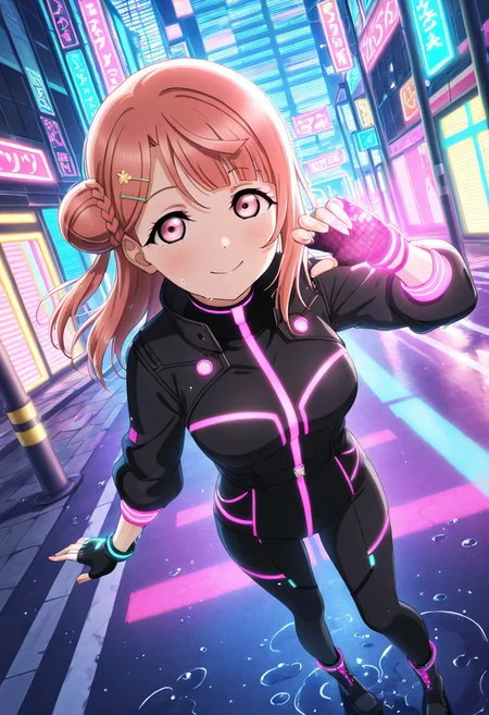 masterpiece, best quality,
1girl, ayumu_uehara, black_jacket, bodysuit, boots, circuit_pattern, cyberpunk, dark_city, electronic_accessory, fingerless_gloves, glowing_lights, glowing_pink, hairclip, highres, hologram, long_hair, looking_at_viewer, love_live!_nijigasaki_high_school_idol_club, love_live!_school_idol_festival_all_stars, neon, neon_lights, official_art, pink_eyes, pink_hair, purple_jacket, smile, solo, standing, street, visor, wet_ground