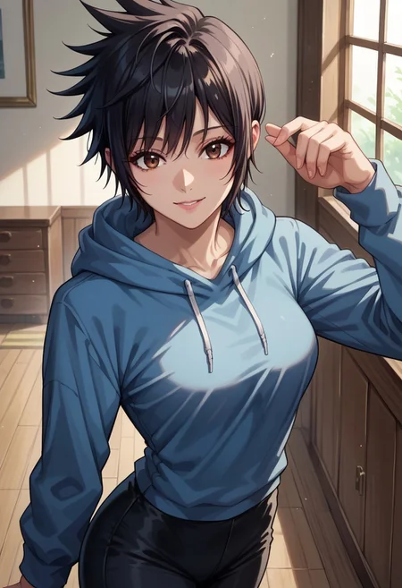 anime artwork, score_9, score_8_up, score_7_up, score_6_up, score_5_up, solo, perfect eyes, detailed eyes, beautiful female, detailed face, dynamics lines, 20 year old, perfect beautiful face, long eyelashes, sharp eyes pupils, (room:1.3), (upper body:1.5), medium breasts, 1girl, black hair, short hair, spiked hair, bangs, brown eyes, blue hoodie, long sleeves, black pants, white sneakers, smile, above view