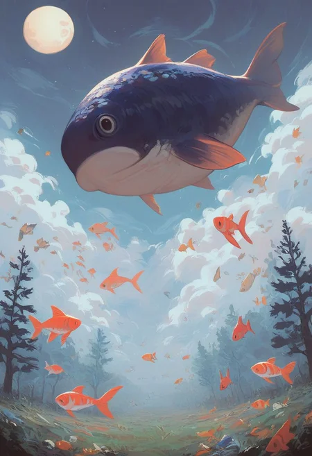 score_9, score_8_up, score_7_up, score_6_up,
nature background, clouds, fields, night time, dark county side, moon in the sky, huge moon, glowing moon, white glow, horizon view, flat horizon, forest, deep forest
flying fish, fish floating, fish swimming thriugh the sky, betta fish, multi colour fish, swarm of fish, 30 fish, huge swarm of fish,fish ,Aquatic life, swarm of fish around a big fish, koi angel fish, , large fish, dragon fish, koi fish, multicolored fish