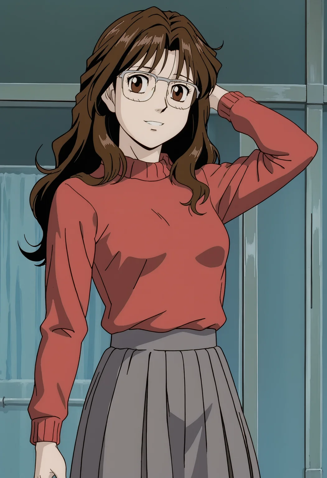 <lora:PonyScores7:1> anime coloring, source_anime, rating_explicit, uncensored BREAK
masterpiece, best quality, very aesthetic, absurdres, anime screencap BREAK
<lora:Hajime no Ippo - Reiko Mikami:1> <lora:skin_color_slider_pdxl_goofy:3> ipporeikomikami, long hair, brown hair, brown eyes, glasses, over-rim eyewear, red sweater, grey skirt BREAK
smiling, looking at viewer, head tilt, arm up