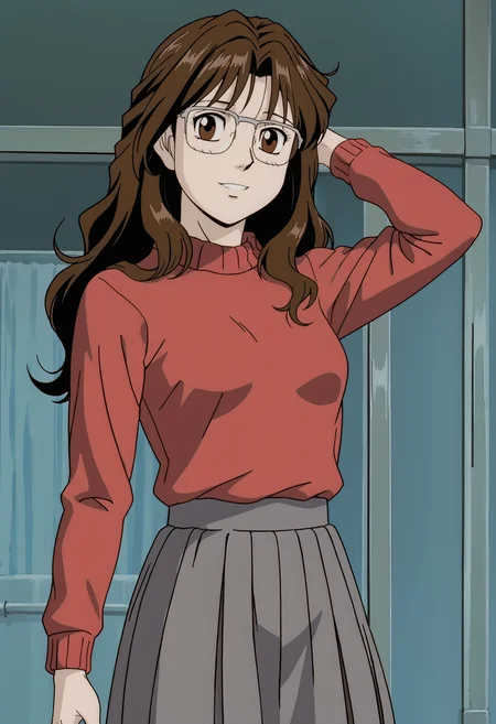 <lora:PonyScores7:1> anime coloring, source_anime, rating_explicit, uncensored BREAK
masterpiece, best quality, very aesthetic, absurdres, anime screencap BREAK
<lora:Hajime no Ippo - Reiko Mikami:1> <lora:skin_color_slider_pdxl_goofy:3> ipporeikomikami, long hair, brown hair, brown eyes, glasses, over-rim eyewear, red sweater, grey skirt BREAK
smiling, looking at viewer, head tilt, arm up