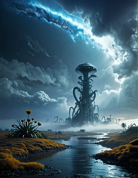 Sci-fi landscape
a misty mountain, with rolling fog, hidden paths, and a mystical ambiance,
,
Radiation fog in river valleys,
Kelvin-Helmholtz shear wave clouds,
Meteor shower streaks in night sky,
Summer wheat fields swaying,
Oasis palm clusters,
Swamp with water flowing in Möbius loops,
Clockwork dragons repairing spacetime,
Rain of liquid mathematics,
H.R. Giger: (biomechanical horror), (alien landscapes), (black-and-white contrast), (surreal organic forms)
(masterpiece:1.4), (intricate details:1.4), (hyperrealistic:1.3),(painting:0.9),(ultra detailed:1.4), (8k resolution:1.3), (sharp focus), (dramatic perspective:1.1), (chromatic aberration:0.3), (film grain:0.2),
<lora:JuggerCineXL2:0.3>,
<lora:add-detail-xl:0.3>,
<lora:WildcardX-XL-Detail-Enhancer:0.4>,
<lora:xl_more_art-full_v1:0.7>,
<lora:ClassipeintXL2.1:0.3>,
<lora:Flux-XL_Scenery:0.3> flux-scenery ,
<lora:EnvyDramaticLightingXL01:0.7>
detailxl,