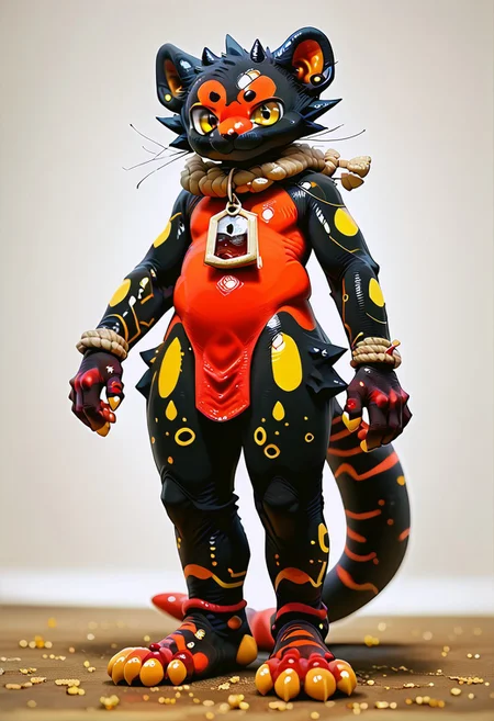 zuppu11, full body, solo, furry, score_9, score_8_up, look at viewer, male focus, no humans, furry male, flux-style, detailed eyes, anthro, red skin, black skin, yellow markings, rope around head, claws, white pupils, yellow iris, flx$tyl3