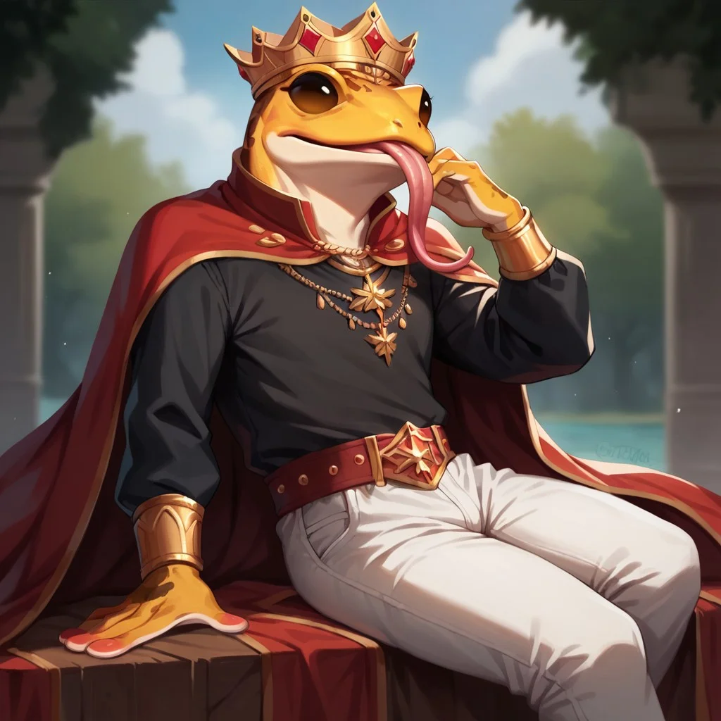 (((detailed, beautiful, high quality))), score_9, score_8_up, score_7_up, solo,
grungrace, anthro frog,
1 boy, male focus, golden skin, red mantle, royal mantle, golden crown, long tongue, black shirt, white pants,
looking at the viewer, posing,
blurred background, fantasy background,