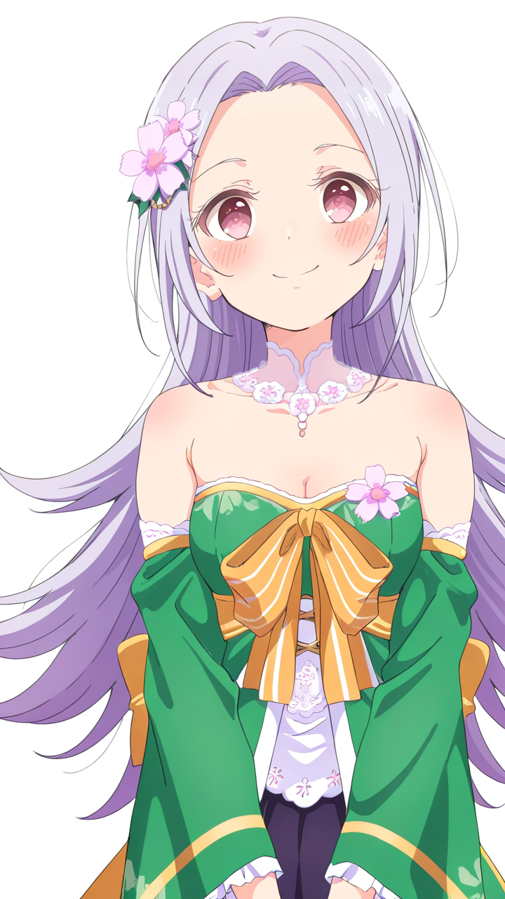 1girl,looking_at_viewer,smile,Nadeshiko,hair ornament,hair flower,idol,white_background,simple background,anime screenshot,sincos,<lora:Nadeshiko_Illustrious_v3:1>,, masterpiece, best quality