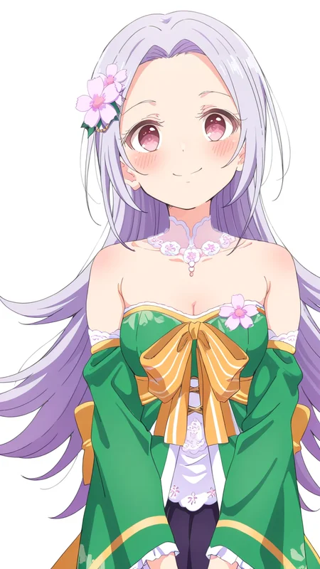 1girl,looking_at_viewer,smile,Nadeshiko,hair ornament,hair flower,idol,white_background,simple background,anime screenshot,sincos,<lora:Nadeshiko_Illustrious_v3:1>,, masterpiece, best quality