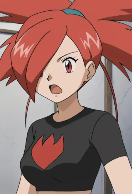 solo, PMFlannery, red eyes, red hair, bangs, hair over one eye, ponytail, hair tie, breasts, crop top, black shirt, short sleeves, open mouth