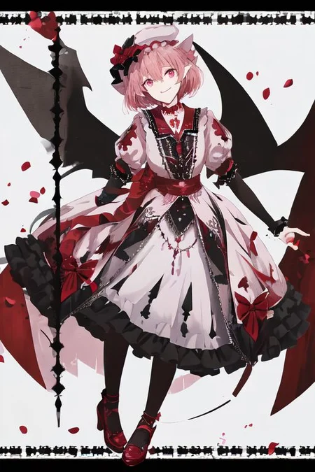 embroidery, jewelery, gown, frills, gloves/elbow gloves, high heels/shoes, pantyhose/thighhighs, remilia_scarlet_(koumajou_densetsu), solo, 1girl, smile, short_hair, shirt, red_eyes, bow, blush, hat, ribbon, dress, hair_ornament, frills, blue_hair, jewelry, puffy_sleeves, short_sleeves, red_bow, wings, mob_cap, nail_polish, pink_eyes, flower, ascot, pantyhose, sidelocks, detached_sleeves, hat_ribbon, shoes, pointy_ears, grin, wrist_cuffs, bat_wings, sword, fingernails, white_headwear, black_pantyhose, high_heels, hat_bow, collar, fang, sash, black_gloves, choker, petals, white_dress, fingerless_gloves, polearm, lips, hair_flower, expressionless, frilled_sleeves, hat_flower, brooch, pink_dress, red_sash, armband, sharp_fingernails, frilled_dress, collared_dress, coat, wing_collar, red_footwear, spear_the_gungnir, long_fingernails, light_purple_hair, eyelashes, bridal_gauntlets, cross, clenched_teeth