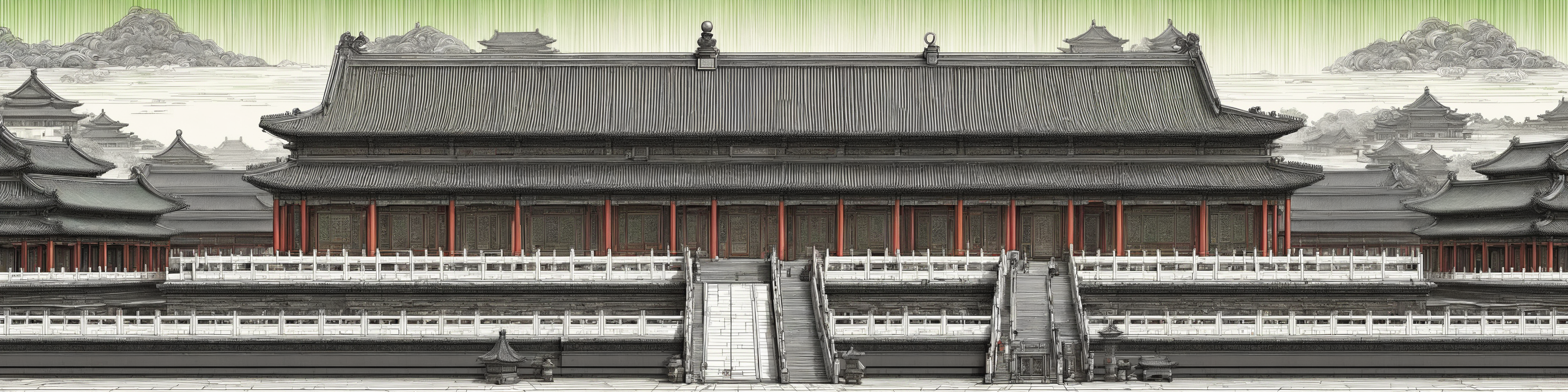 Create a highly detailed,technical drawing of  The Palace Museum of China,emphasizing precision and complexity in its design,The view should be panoramic,with focus on structural details and textural elements,masterpiece,high quality,bigc,digital engraving,crazy detail,8k,(((cash green))),Diagonal lines are highlighted throughout the picture,<lora:gugong_V0-000002:0.5>,wide_shot,landscape,