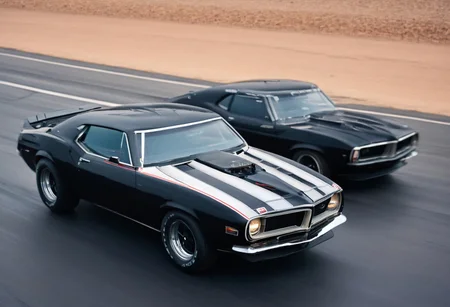Creates an ultra detailed and realistic image wide angle, of a race between 70s cars, muscle cars, with aerodynamic lines from 1972. The cars have tinted black windows. It is captured in motion with motion blur at full speed through a desert, daylight. Race between 2 cars. The photograph is captured with an Arri Alexa camera, with a zoom lens.
. <lora:Vintage Muscle Car SDXL:1>