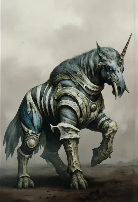 aidmaMJ6.1, Made out of paper, a PaperStyle , d4artstyle, d4concept, , d00mstyle, made of clay, ZBClay model of a gray sculpture AmanoER
a MikeFranchinastyle
a fantastical hybrid creature inspired by elements of a woolly mammoth, zebra-unicorn, and giant bird mount. The creature should have the bulk and shaggy fur texture of a mammoth, with dense tufts of fur cascading down its shoulders and legs. Its face merges the tusked, powerful features of a mammoth with a zebra-like pattern along its body, integrating a single unicorn horn protruding from its forehead, adding a mythical touch. The creature's lower body should incorporate large, powerful bird-like legs with thick, scaled talons, giving it both stability and an avian grace. The mane runs along its spine and neck, blending into the coarse fur. Use a mix of earthy tones—gray, white, and black for the fur and stripes—with a metallic sheen on the armor around the head, if applicable. Focus on the textures: shaggy fur, striped pattern, rough, scaly bird feet, and intricate horn detail. Emphasize its unique blend of strength, agility, and mythical elegance.
Background solid color with a faded dimly lit, fog-covered darkness tone that emphasizes its silhouette. The medium is not a traditional painting or illustrative medium like watercolor or ink but rather a digital rendering, eerie and unsettling.