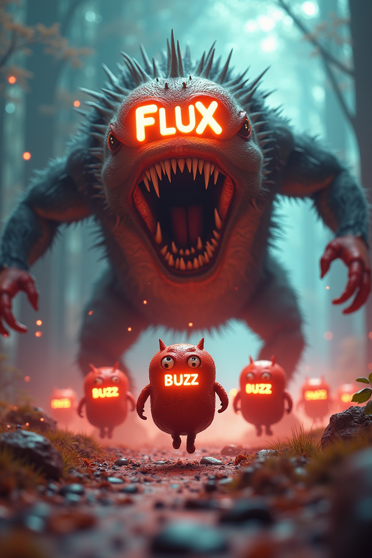 In an ultra-dreamlike fantasy style, a massive beast with the word 'FLUX' glowing on its forehead charges forward, mouth wide open and teeth bared, as it hunts a group of panicked 'BUZZ' characters. Each 'BUZZ' is depicted as 3D text, complete with two small legs, running frantically to escape the monster. The scene is highly detailed, with the surreal environment amplifying the tension and whimsy, as the 'BUZZ' figures flee in a desperate race for survival.