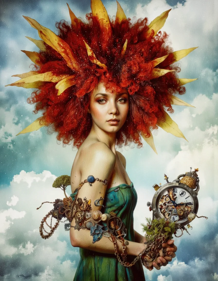 Art by Mario Nevado. This image is a digital artwork featuring a surreal and dreamlike composition. The central figure is a portrait of a woman with an oversized and voluminous afro, predominantly red with touches of yellow at the ends. She is wearing a green strapless dress that appears to be made of a textured fabric, giving it a slightly worn look. The girl is holding a steampunk-style clockwork contraption, which features various gears, springs, and a large clock face, suggesting a mix of fantasy and science fiction elements. The watch is finely detailed, with a mix of metallic and organic textures, giving it an otherworldly feel.
The lighting in the image is soft and diffuse, likely suggesting an overcast sky, which adds to the dreamlike nature of the scene. The colors are muted and pastel, contributing to the overall surreal and whimsical aesthetic.
The composition follows the rule of thirds, with the girl positioned slightly off-center to the left, naturally drawing the viewer's eye into the image. The depth of field is shallow, with the background slightly blurred,