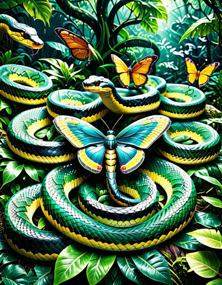 "A surreal landscape where snakes mimic plants, giant pythons forming trees, cobras spread like flowers, their scales glowing like iridescent leaves, hyperdetailed resin textures, photorealistic butterflies landing softly, lush jungle atmosphere, blending awe and unease." <lora:SDXLFaeTastic2400:0.4> <lora:extremely_detailed:0.4> extremely detailed, <lora:sn4ke:1>,sn4ke, Masterpiece,best quality,hi res,8k,hi res,8k,award winning,(sharp focus, intricate, highly detailed),