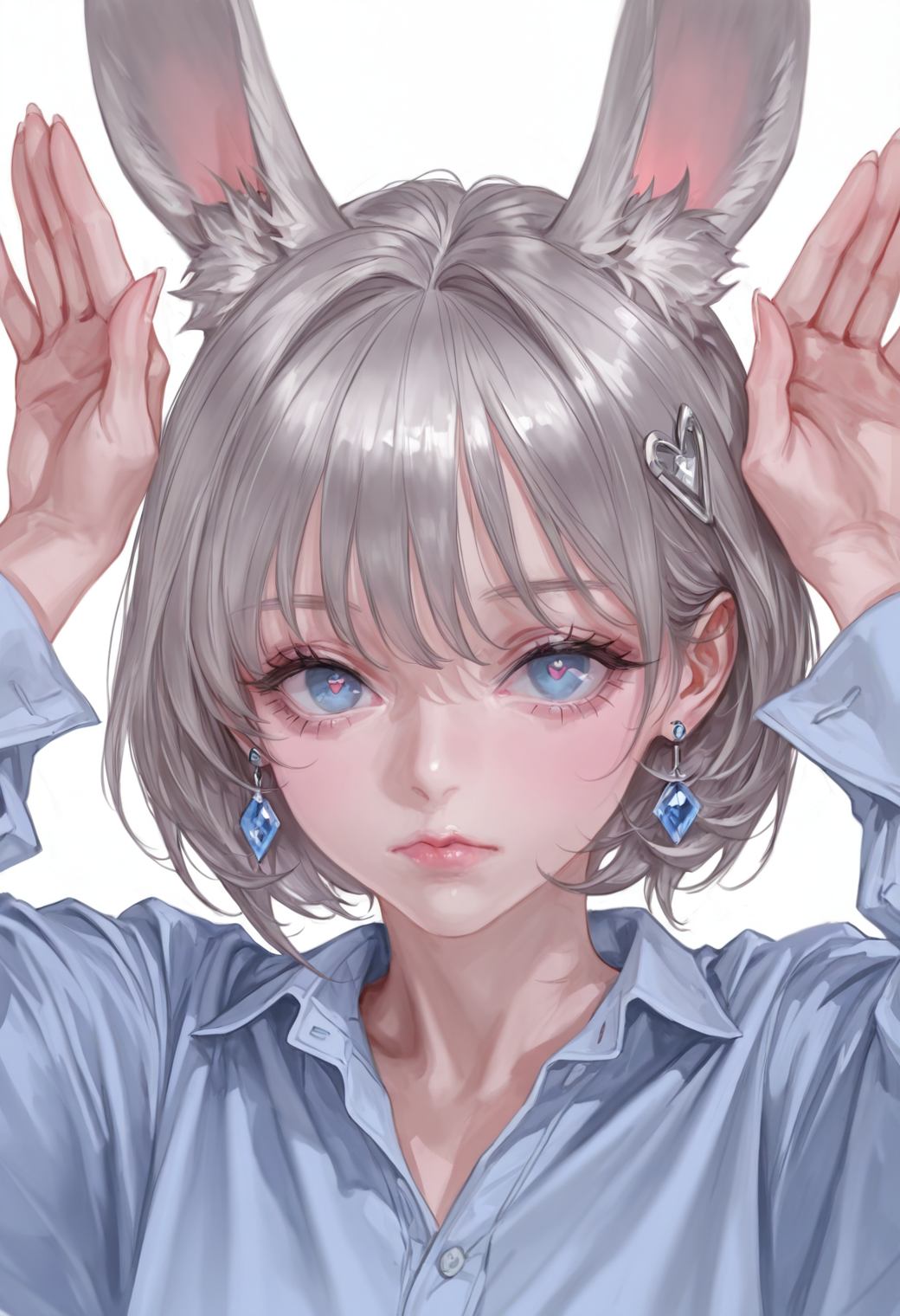 bm94199, 

1girl, animal ear fluff, animal ears, blue eyes, blue shirt, closed mouth, earrings, expressionless, extra ears, grey hair, hair behind ear, hair ornament, heart, jewelry, lips, long sleeves, looking at viewer, portrait, shirt, short hair, solo, rabbit pose, 

masterpiece, best quality, amazing quality, 