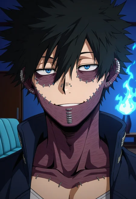 masterpiece, best quality, , anime screencap, anime coloring, , , 1boy, solo, male focus, <lora:dabi_bnha_ilxl:0.96>, dabi_bnha, black hair, blue eyes, short hair, spiked hair, hair between eyes, messy hair, bangs, scar, burn scar, scar on face, piercing, ear piercing, stitches, blue fire, upper body, living room, couch, dark, legs up, smile,