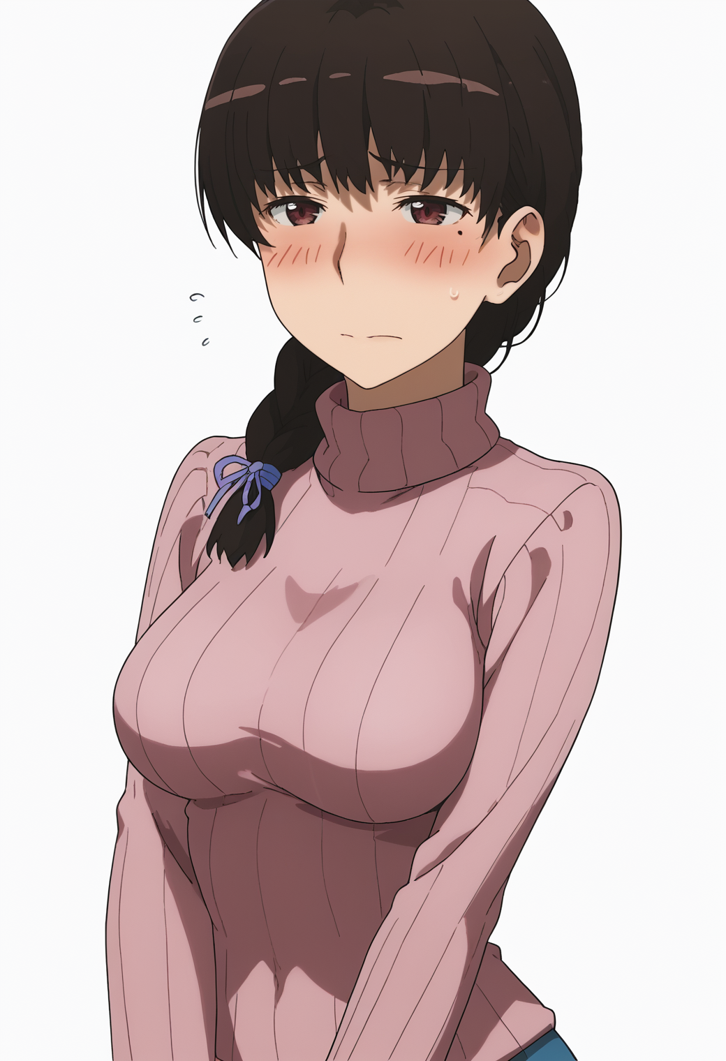 score_9, score_8_up, score_7_up, source_anime, BREAK white background, 1girl, solo, cowboy shot,  <lora:DX888Komachi:1> takamiya komachi, brown hair, braid,  embarrassed, blush, cropped sweater