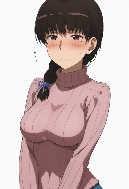 score_9, score_8_up, score_7_up, source_anime, BREAK white background, 1girl, solo, cowboy shot,  <lora:DX888Komachi:1> takamiya komachi, brown hair, braid,  embarrassed, blush, cropped sweater